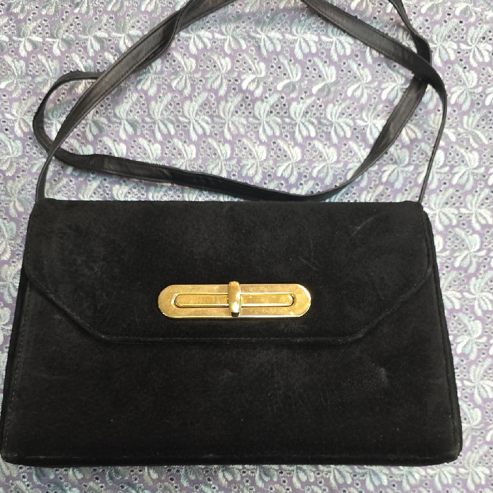 Vintage Black Suede Handbag with Gold Accent